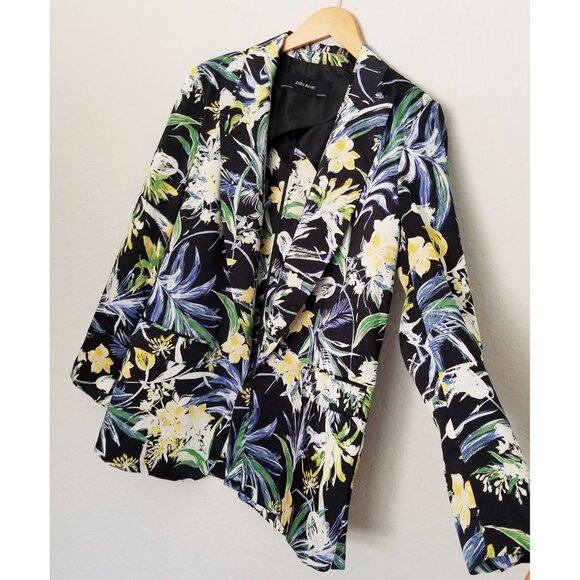 Zara Basic Floral Print Silky Satin Open Front Blazer Jacket M Vibrant Tropical - Picture 8 of 16